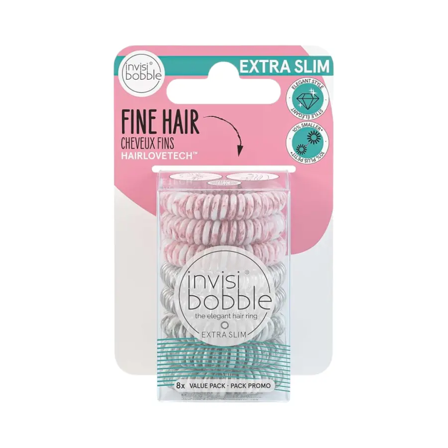 20688-invisibobble-extra-slim-marbelous-8pc-hp Invisibobble Extra Slim Hair Rings for Women with Fine Thin Hair – 8 Pack of Spiral Hair Ties (Light Pink, Silver, and Grey)